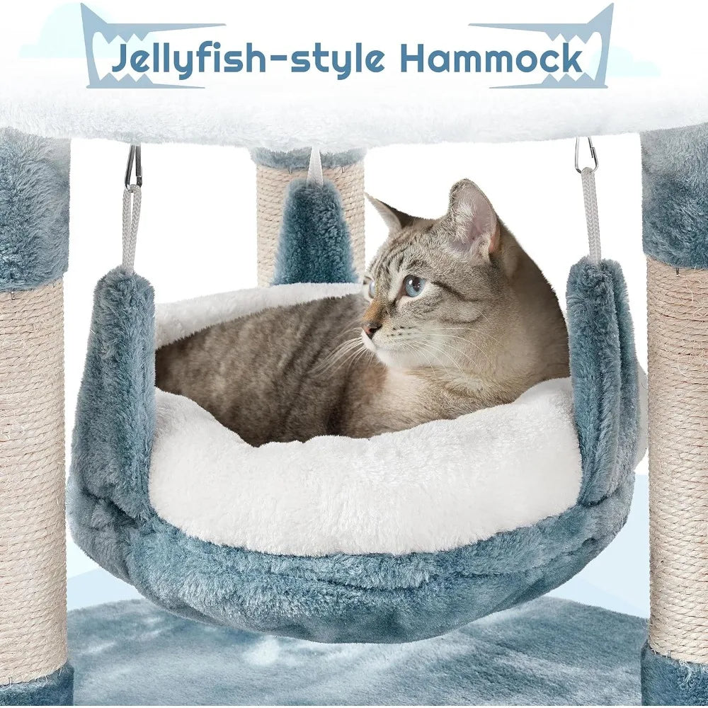 45.5in Ocean-Themed Cat Tree,Multi-Level Tower with Shark Nest,Star Perch & Jellyfish Hammock,Plush Furniture for Indoor Kitty