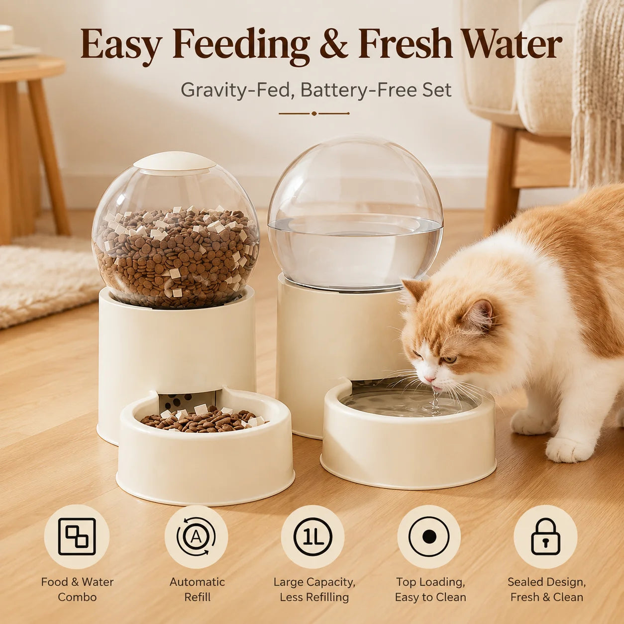 Keep Cats Fed & Hydrated Easily with Automatic Gravity Feeder and Water Dispenser, Spill-Proof, Transparent Dome Lid
