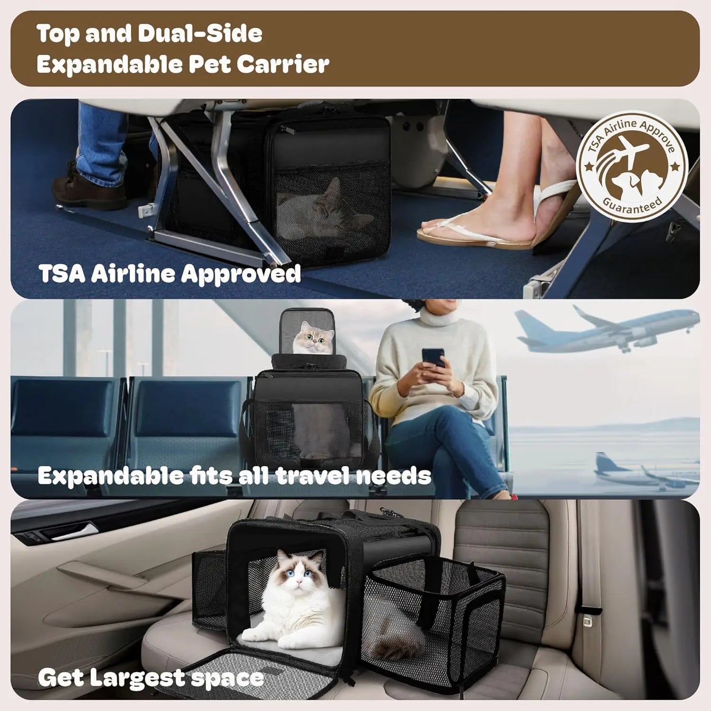 Top and 2 Sides Expandable Pet Carrier 17x11x9.5, TSA Airline Approved Soft-Sided Dog Carrier for Small Dogs, Cats, Puppies with