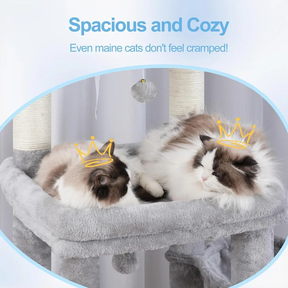Extra Large Cat Tree Tower with Platform, Condo, Hammocks, Self-Grooming Brush for Big Cats, 51.1in, Light Gray