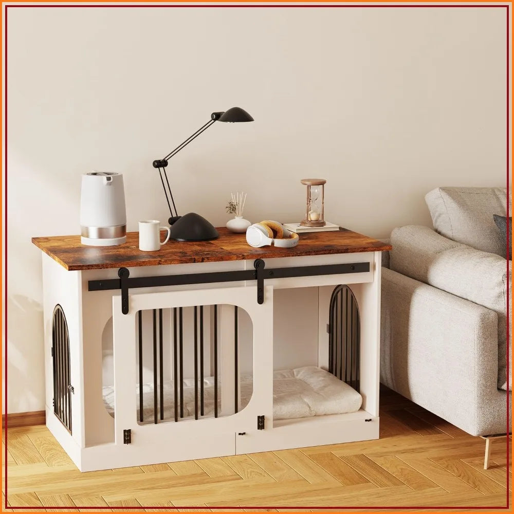 39.4" Farmhouse Dog Crate Furniture with Cushion, White Wooden End Table for Small to Large Dogs