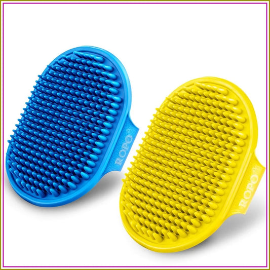 Dog Bath Brush, Shampoo Brush with Adjustable Ring Handle, Long Bristles, Anti-Slip Back & Strap, Pet Grooming Brush for Dogs & Cats 2pcs