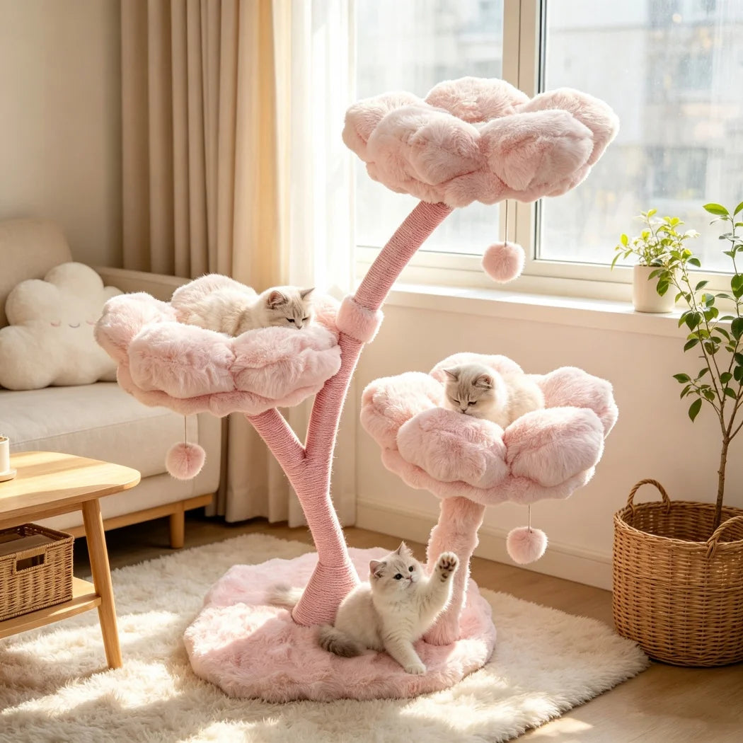 Pink Flower Cat Tree Tower with Scratching Post Wood Branch Cat Cushioned Bed Hanging Ball Toy