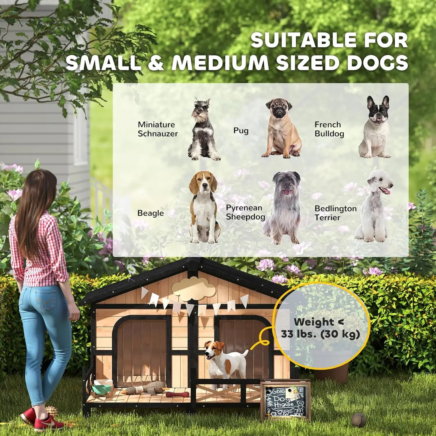 Weatherproof Wooden Dog House with Porch & Roof, Removable Floor, Elevated Double Room for Small Medium Breeds, Custom