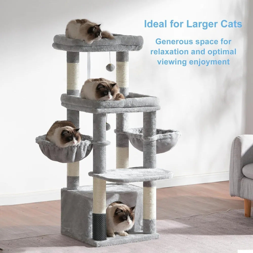 Extra Large Cat Tree Tower with Platform, Condo, Hammocks, Self-Grooming Brush for Big Cats, 51.1in, Light Gray