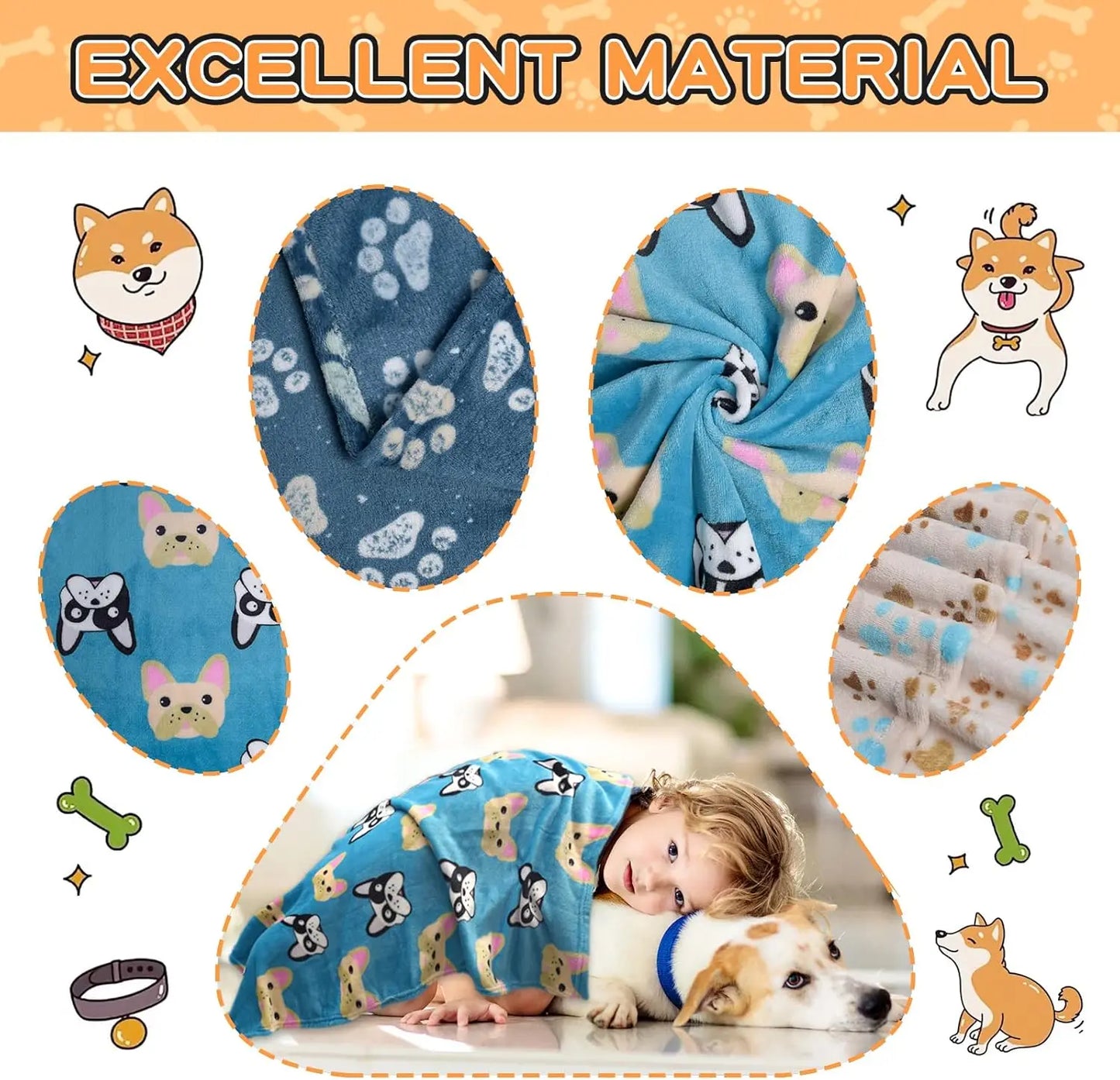 Soft Flannel Pet Blanket, Washable Dog Throw, Cute Paw Pattern, 41x31 inch, Blue/Beige/Navy