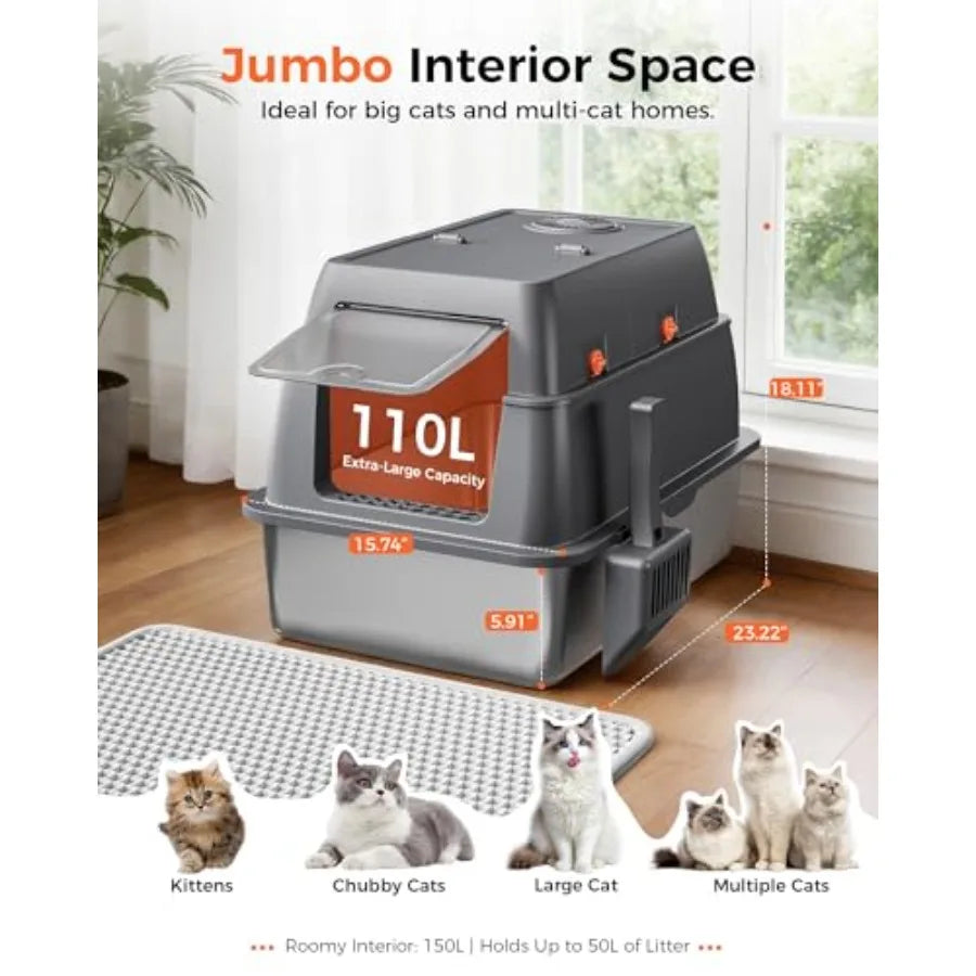 XXL Stainless Steel Cat Litter Box with Lid High Sided Enclosed Covered Litterbox Activated Carbon Odor Control Extra Large Met