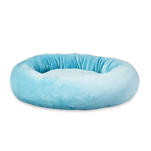 Cozy Plush Small Dog Bed for Puppies and Cats Soft Washable Cuddler Pet Cushion with Non-Slip Bottom Cute Calming Anti-Anxiety Donut Round Bed for Small Pets Indoor Comfortable Sleeping Mat Blue Color 17 Inch