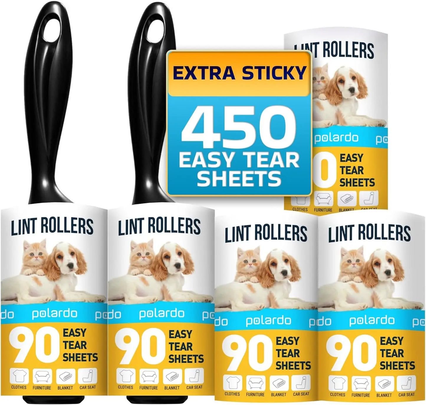 Pet Hair Lint Rollers, 5 Large Sticky Rollers, White, for Clothes, Couch, Carpet, Furniture