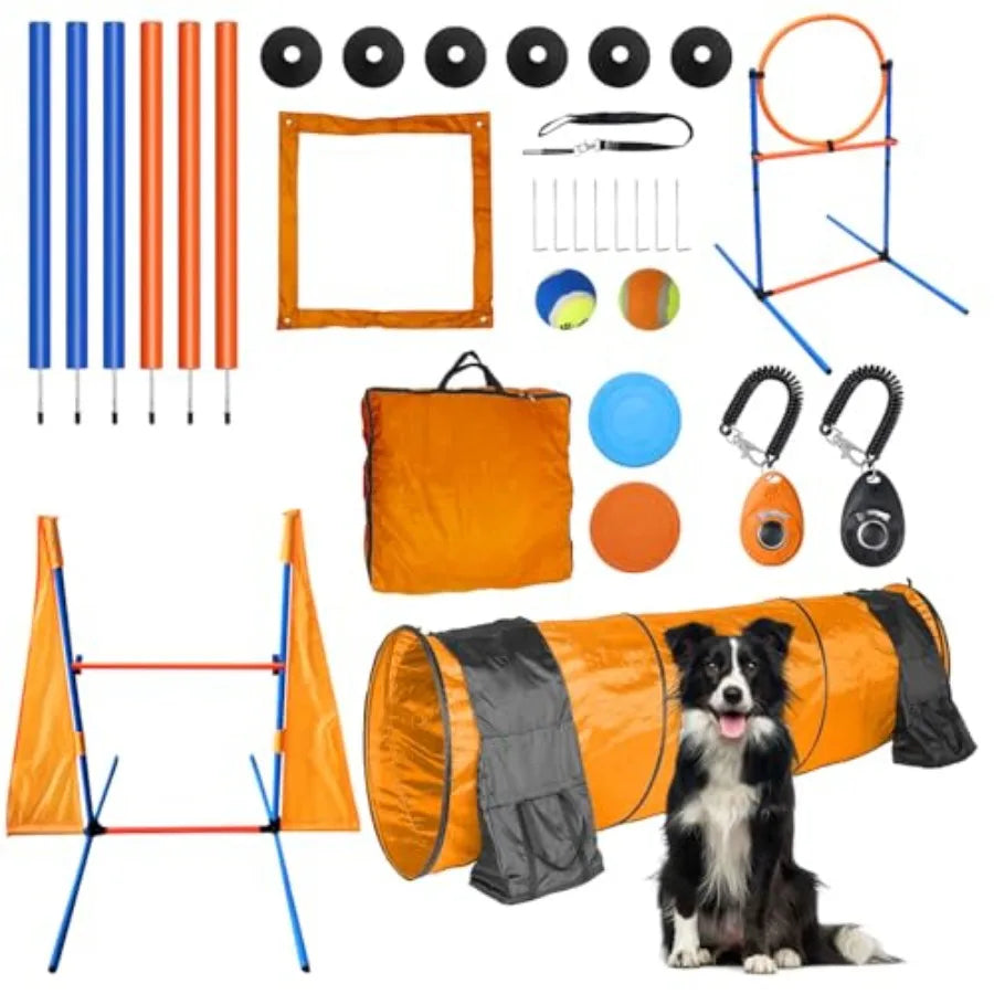 Premium Dog Agility Training Set Outdoor Indoor Game, Tire Jump + Hurdle Jump, Tunnel, Weave Poles, Pause, 2 Toy Balls, 2 Discs