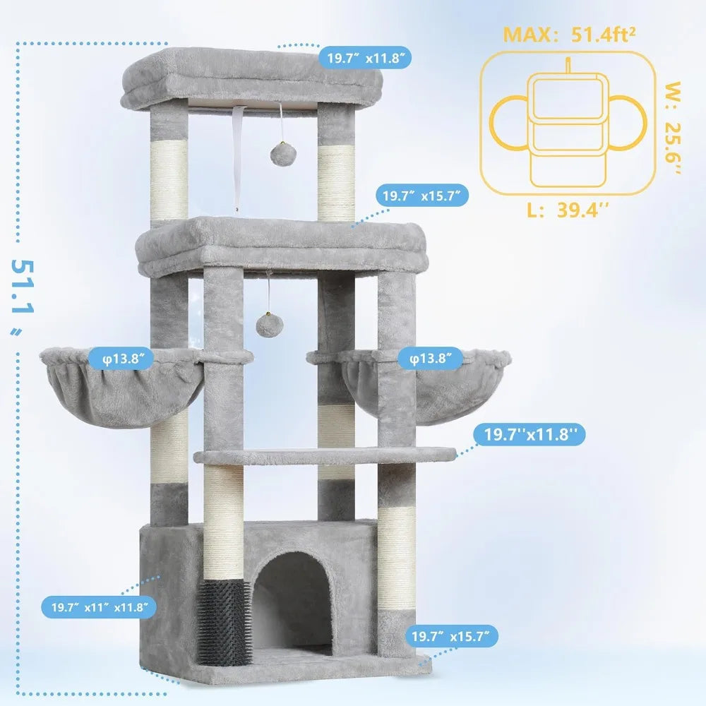 Extra Large Cat Tree Tower with Platform, Condo, Hammocks, Self-Grooming Brush for Big Cats, 51.1in, Light Gray