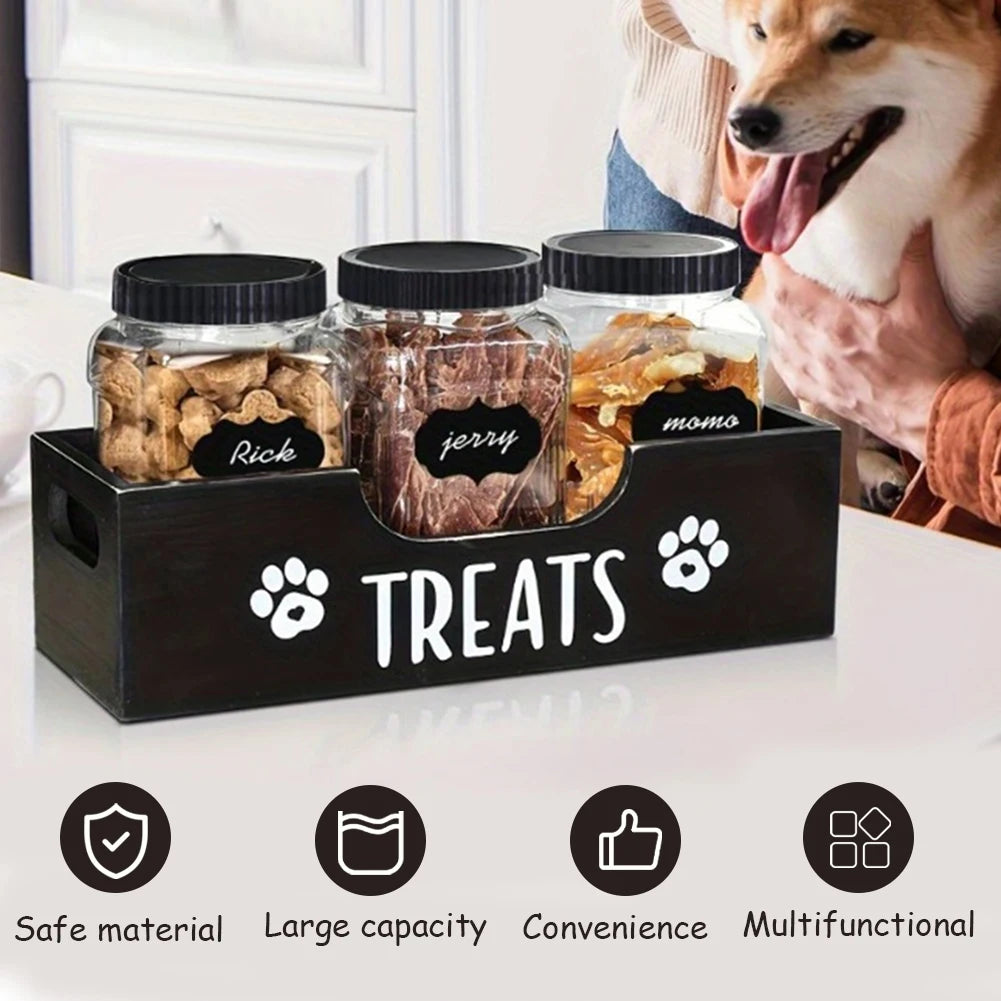 Wooden Pet Snack Storage Box with 3 Plastic Treat Jar Snack Organizer Multifunction Airtight Dog Treat Bin for Cat Food Storage