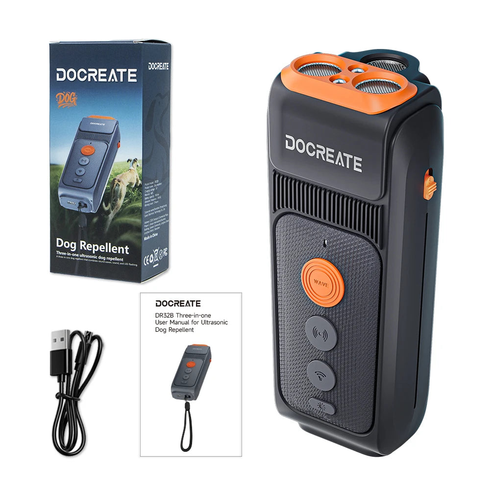 DOCREATE DR32B 3-in-1 Dog Repellent Ultrasonic Anti-Bark Trainer 25KHz 10M Range 900mAh USB-C Rechargeable with LED Flashlight