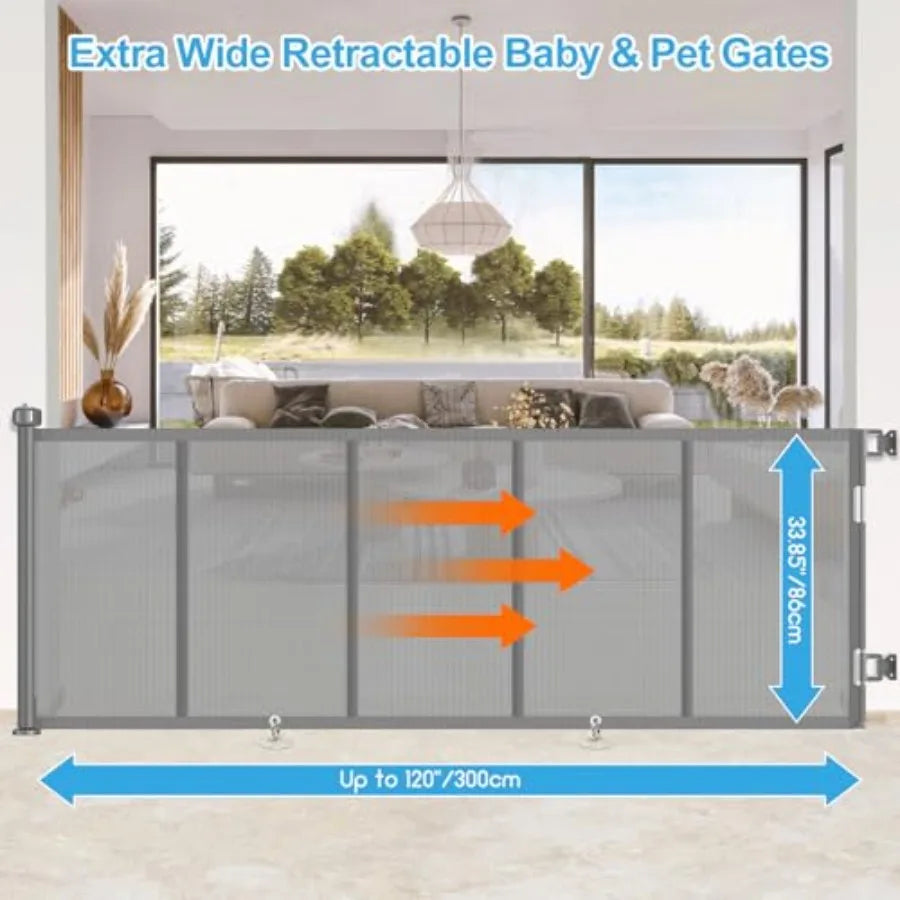 Upgrade 120 inch Retractable Baby Gates Extra Wide Baby Gate for Large Opening Extra Long Mesh Gate for or Pet Dog Gate Child S