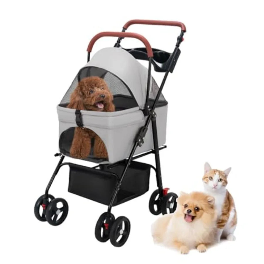 Pet Stroller for Medium Small Dogs/Cats - 4 Wheels Foldable Dog Stroller with Storage Basket, Dog/Cat Carrier, Adjustable Handl
