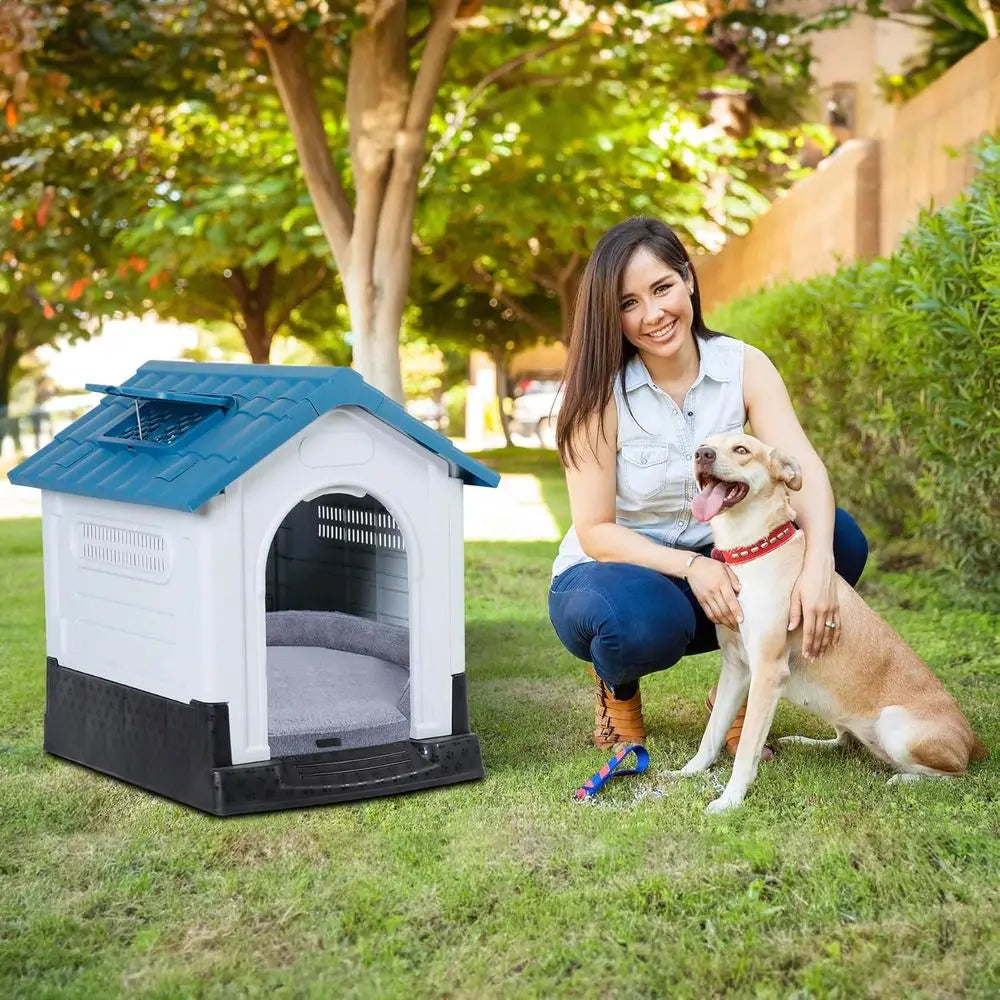 Indoor/Outdoor Plastic Dog House with Easy Assembly, Adjustable Skylight, Elevated Floor, Waterproof (Recycled)