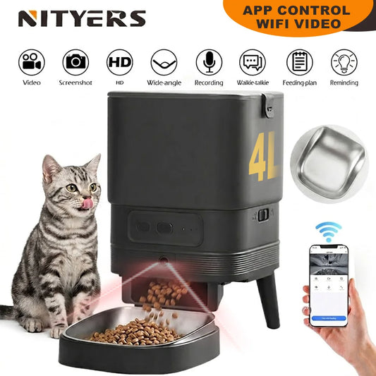 Nityers 4L Automatic Cat Feeder With HD Camera Video 2.4G WiFi Night Vision Cat Food Dispenser Smart Tuya APP Pet Auto Feeder
