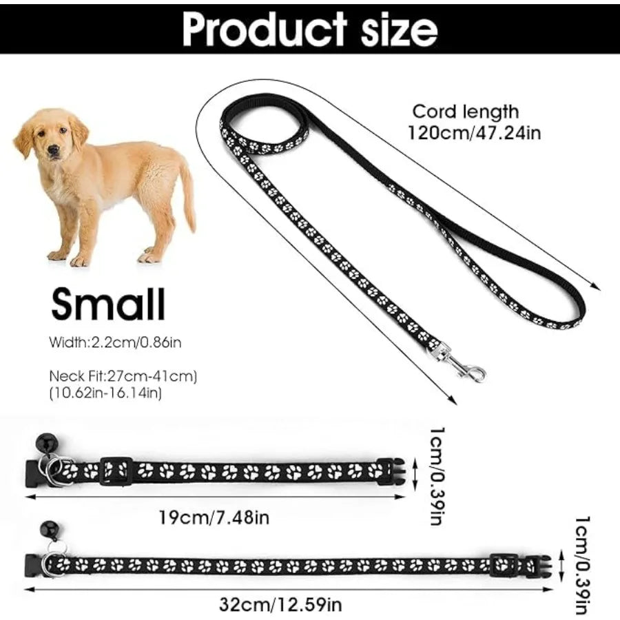 Purple Small Dog Collar and Leash Set, Pawprint Puppy Collar and Leash Adjustable Kitten Collar with Bell for Tiny Little XXS X