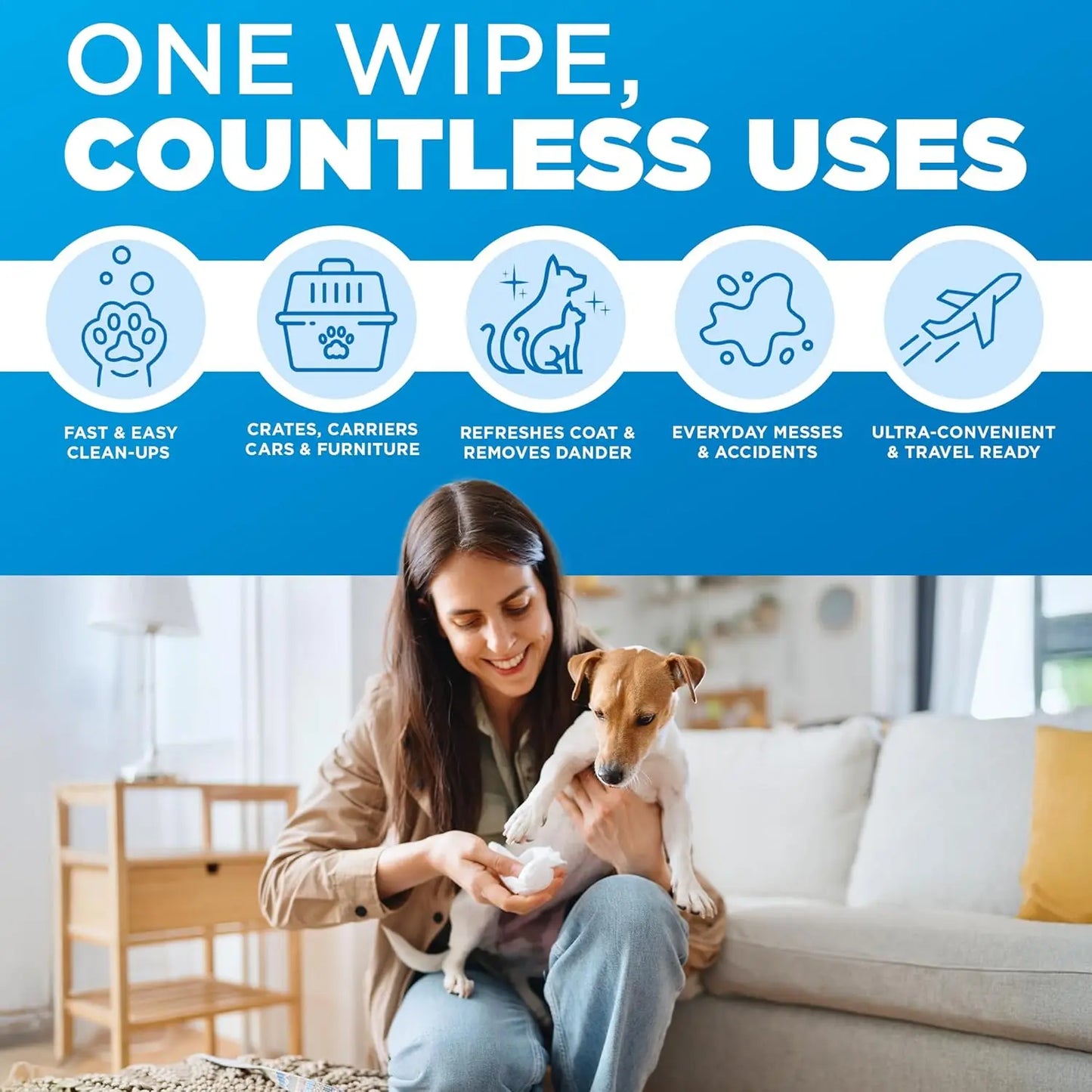 Gentle Pet Wipes for Fast Odor Removal – 100 Count, Fragrance-Free, Chemical-Free, Safe for All Surfaces