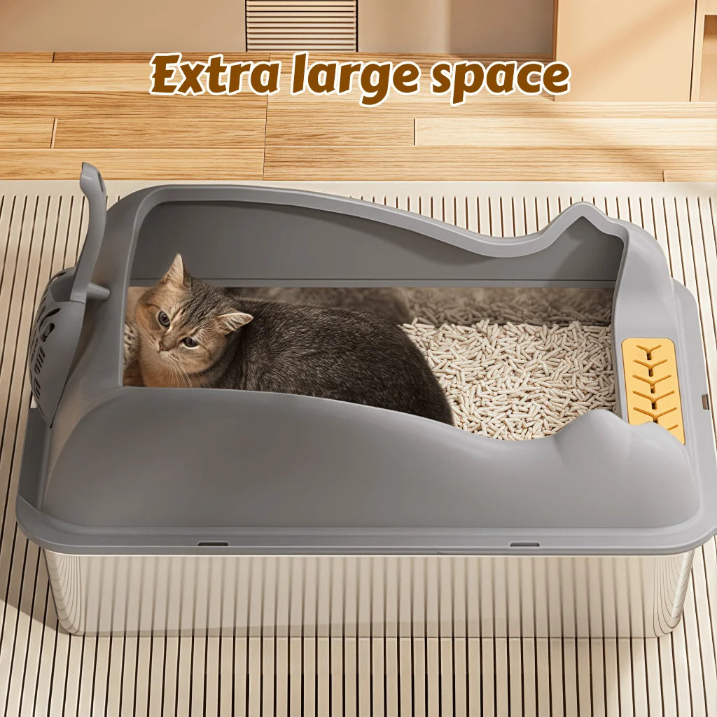 XL Stainless Steel Cat Litter Box with High Sides, Semi-Enclosed Privacy Design, Mat and Scoop for Large Cats, Multi-Cat Homes