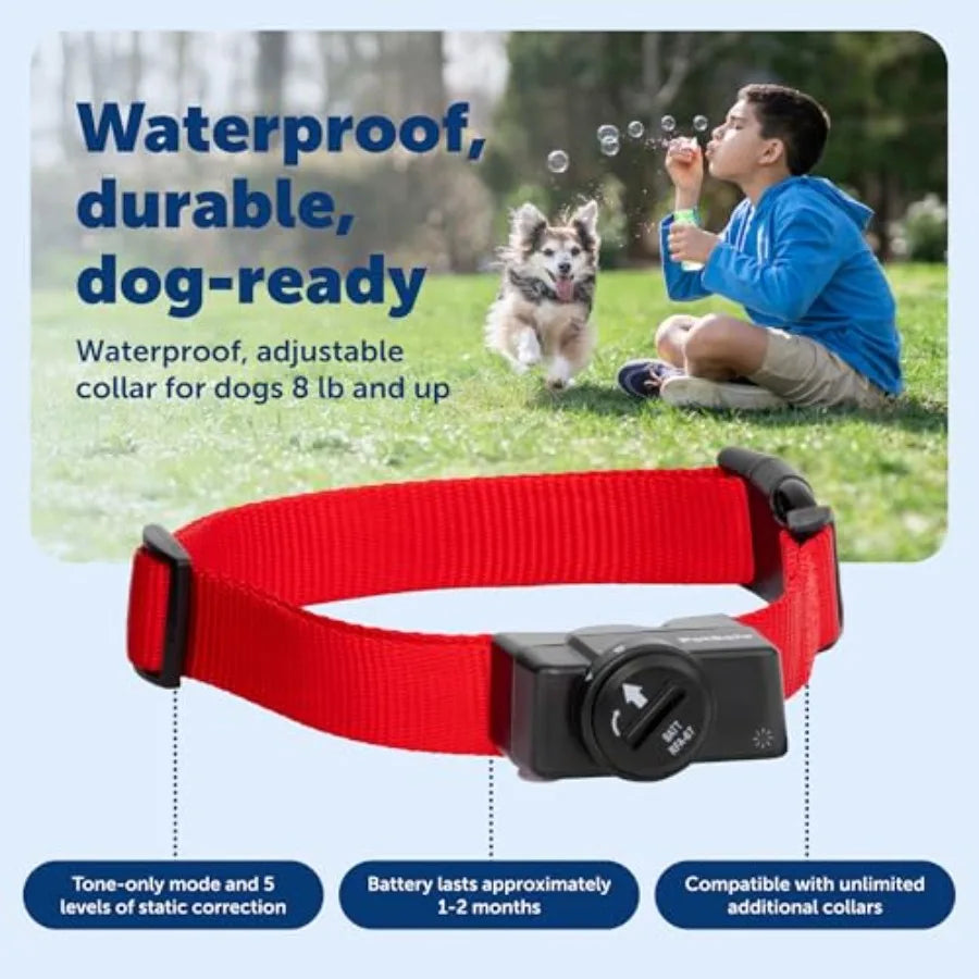 Portable wireless electric fence for dogs waterproof collar for pets 8lb+ gray covers up to 1/2 acre tone/static correction