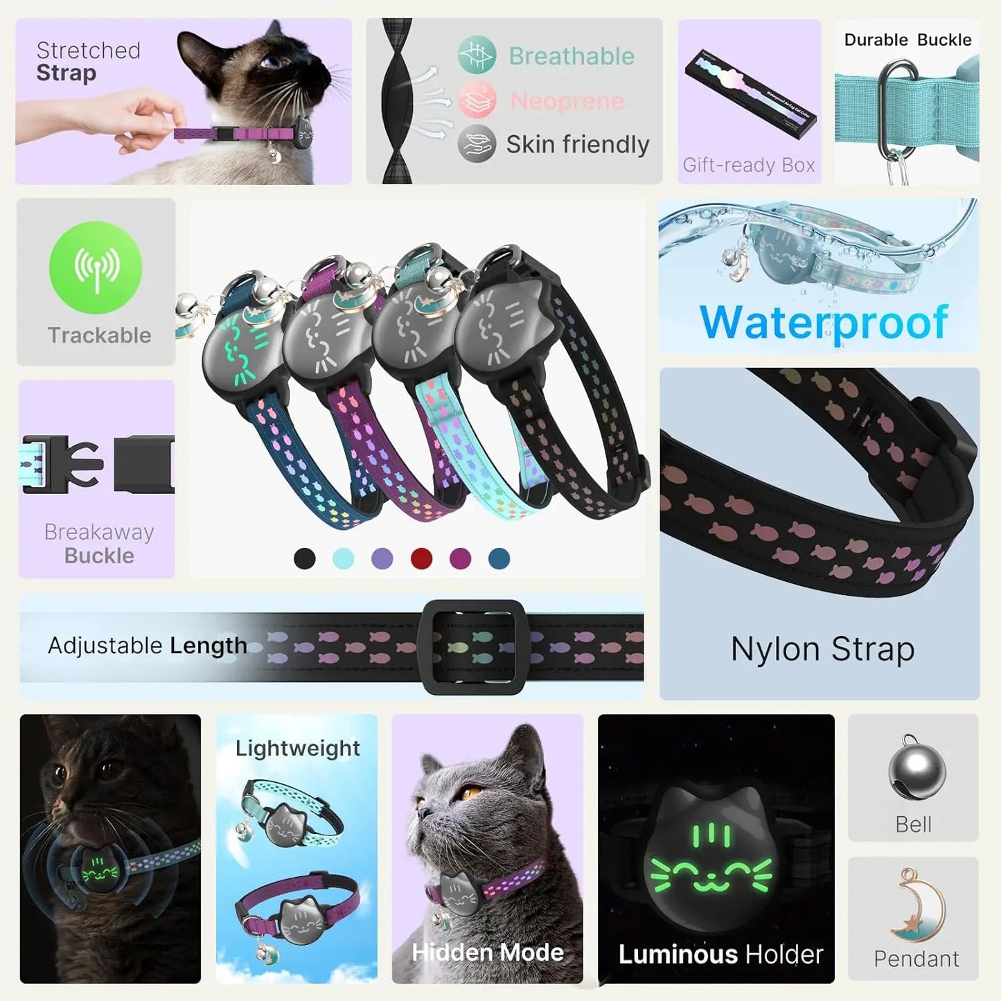 AirTag Cat Collar Breakaway, Reflective Cat Collar Compatible with Apple AirTag 1st & 2nd Gen, Hidden Holder with Bell, Lightwei