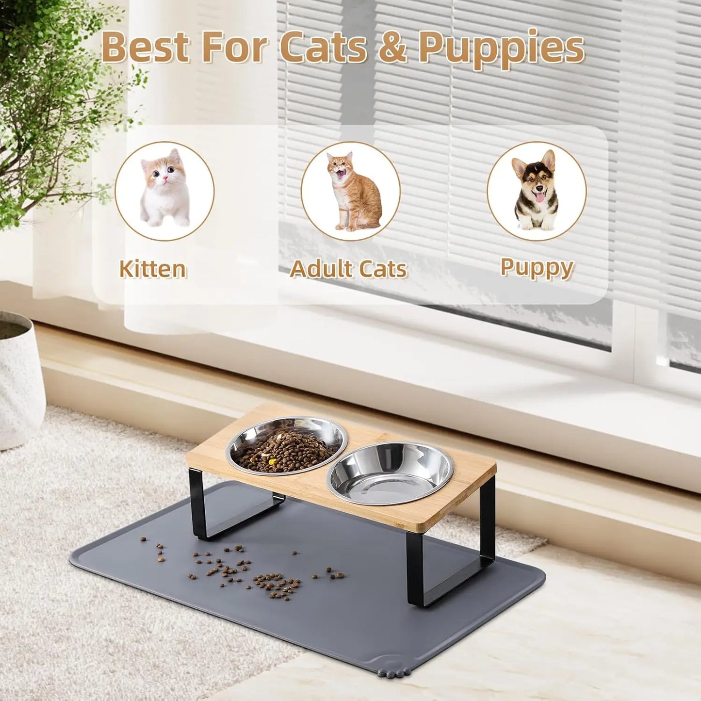 Upgraded Elevated Cat Bowls with Food Mat,15°Tilted Stand Anti Vomiting Raised Cat Dishes for Food and Water,2 Stainless Steel B