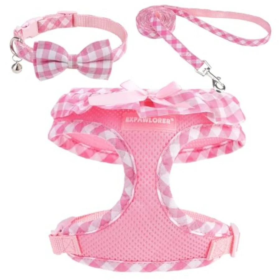 Cute Dog Harness Collar Leash Set - Girl Dog Harness Checke Step-in Design, Adjustable No-Choke Lightweight Mesh Vest for Cats