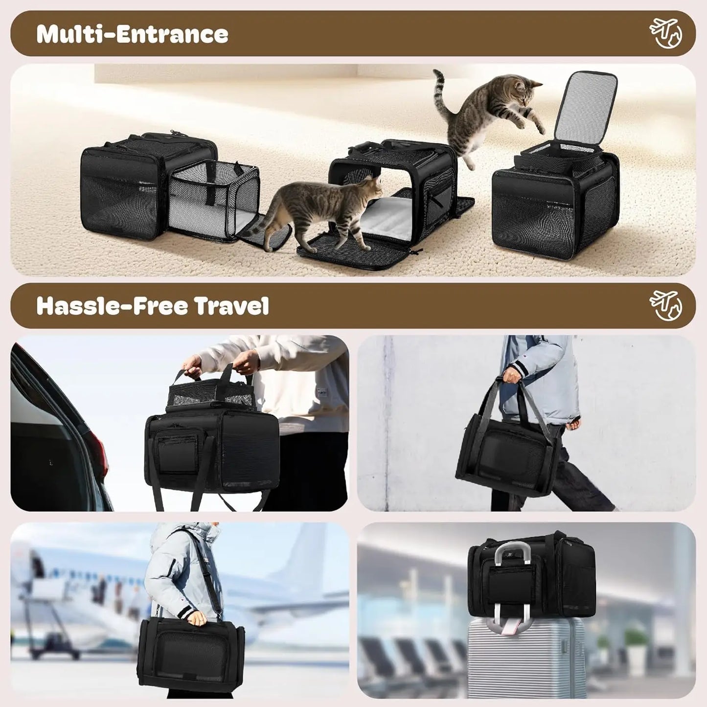 Top and 2 Sides Expandable Pet Carrier 17x11x9.5, TSA Airline Approved Soft-Sided Dog Carrier for Small Dogs, Cats, Puppies with