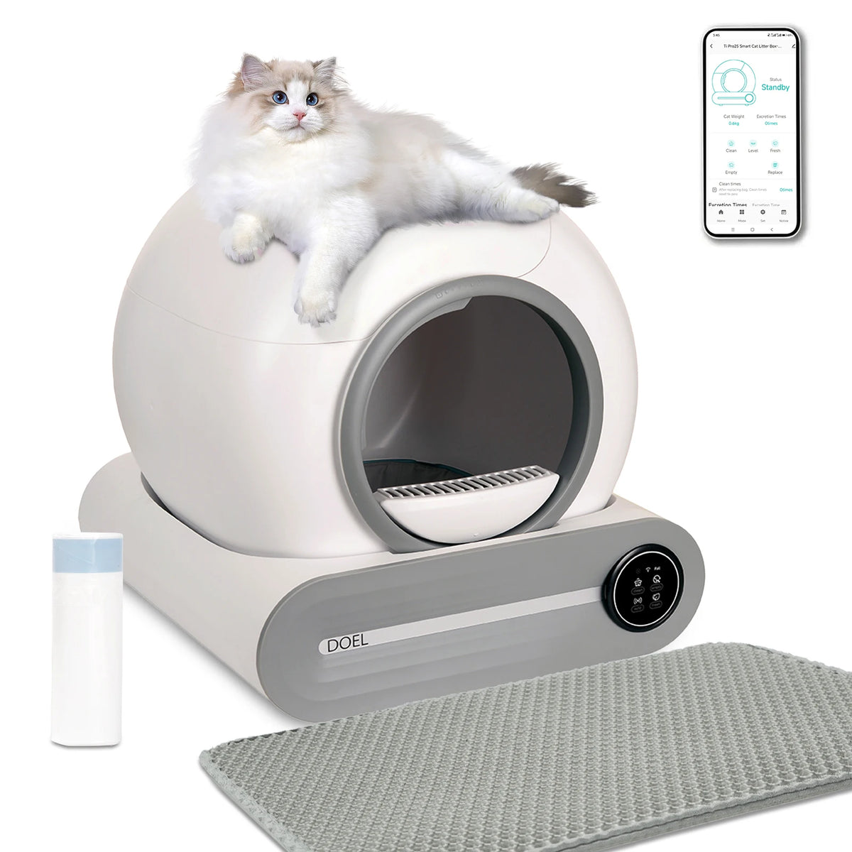 DOEL Self Cleaning Cat Litter Box 65L Automatic Cat Litter Box w/ Trash Bag & Litter Mat Smart Cat Toilet App Control 2.4G WiFi