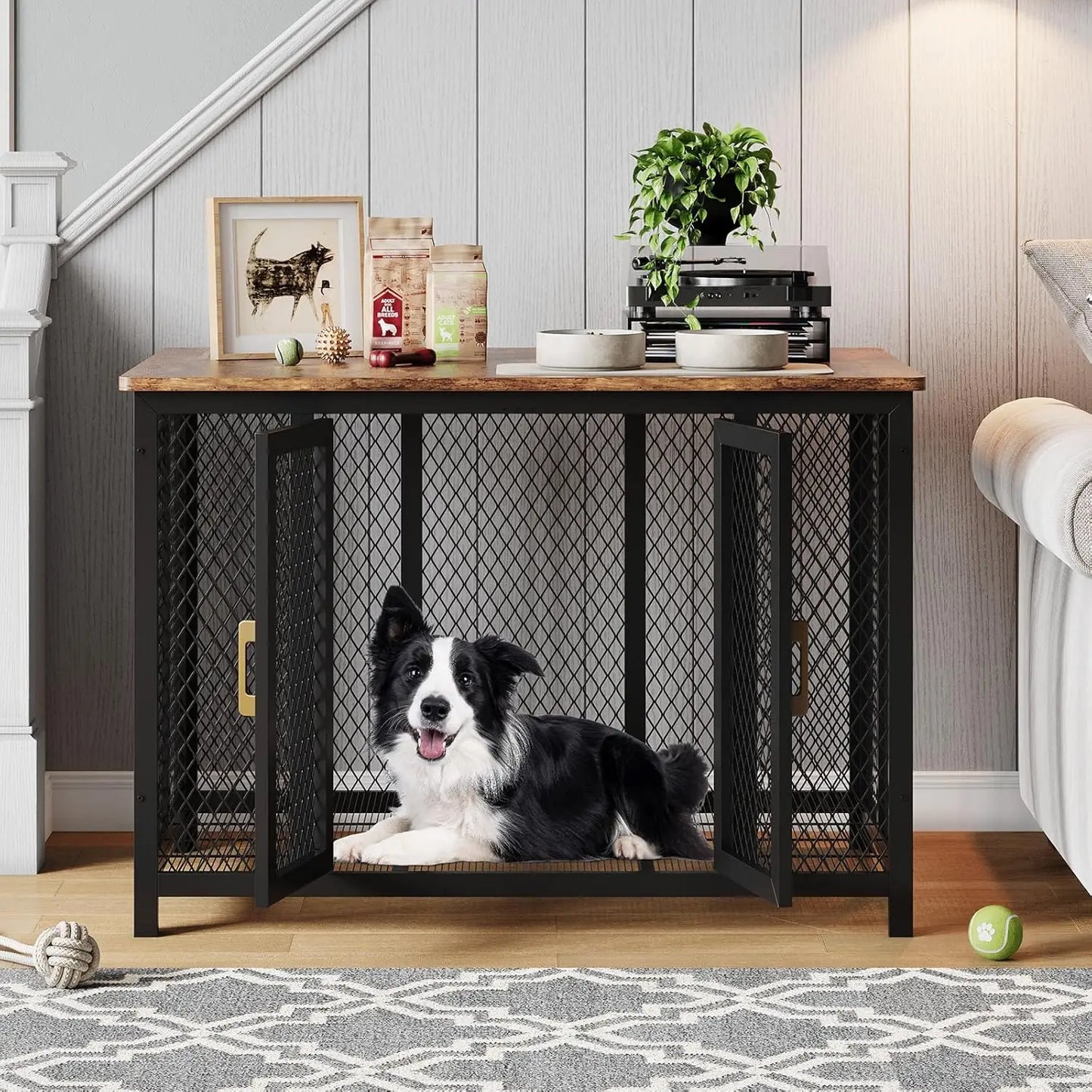 47" Large Dog Crate Furniture with Wire Floor, Double-Doors Wooden Dog House with Top Access Door,Heavy Duty Pet Kennel Up to 220 Lbs Table for Large, Medium and Small Dogs,120 x 83 x 78 cm,Brown