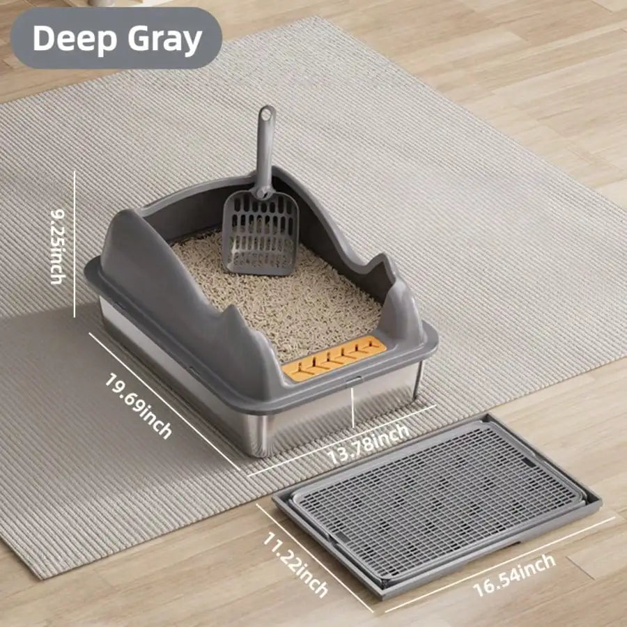 XL Stainless Steel Cat Litter Box with High Sides, Semi-Enclosed Privacy Design, Mat and Scoop for Large Cats, Multi-Cat Homes