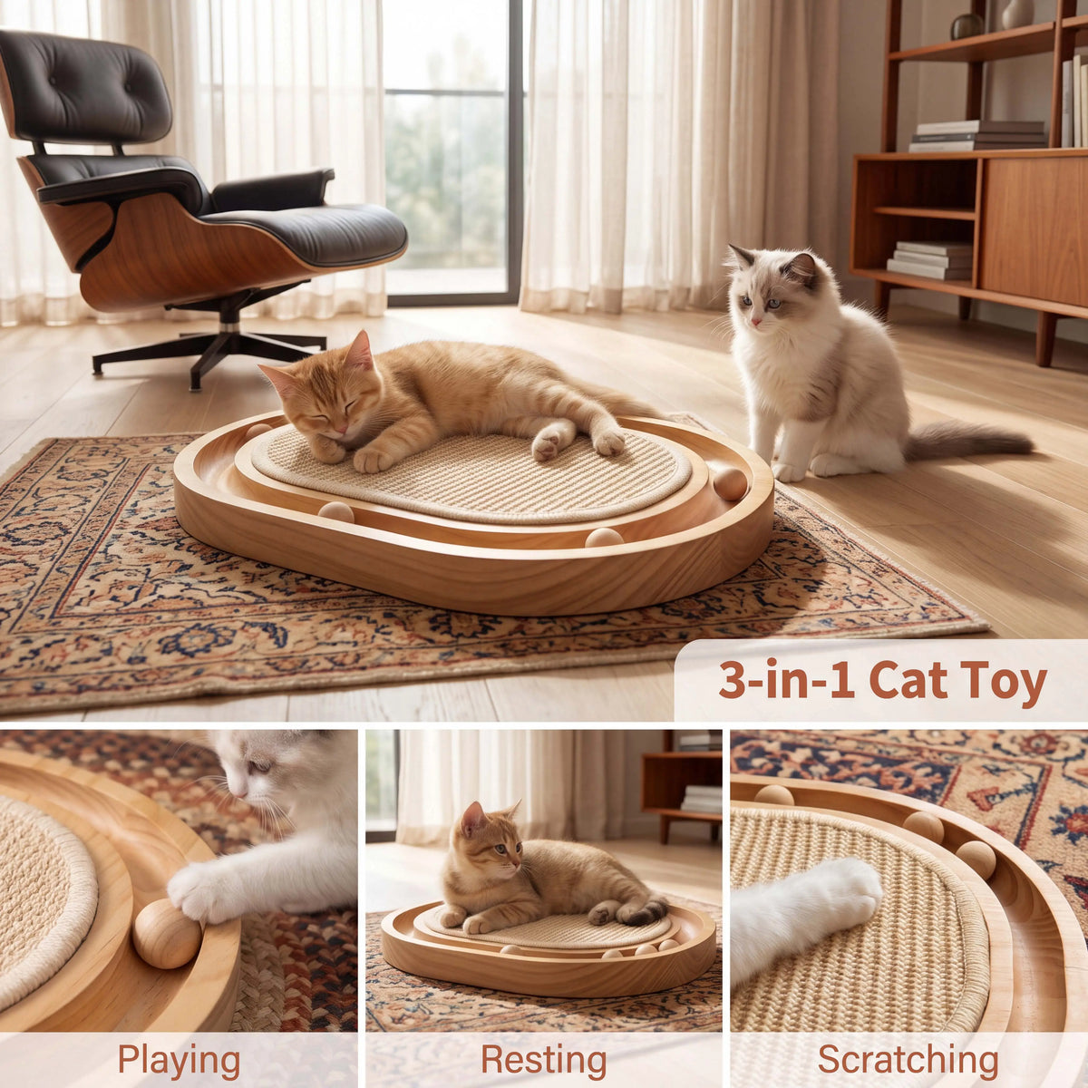3-in-1 Cat Scratcher Toy, Wooden Oval Cat Scratching Pad with Sisal Surface, Rolling Balls, Low-Profile Resting Bed, Interactive Cat Toy for Scratching, Lounging and Play