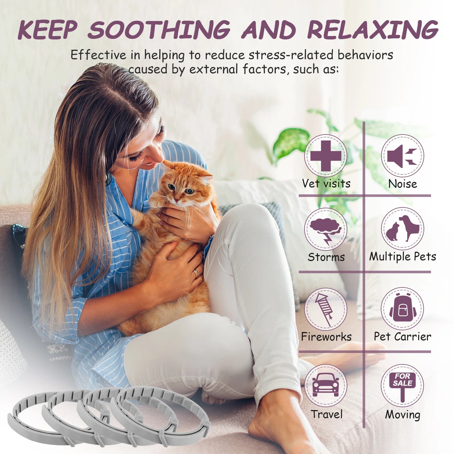 4Pcs Cat Calming Collar Relieve Anxiety Dog Pheromone Collar Waterproof Adjustable Pet Collars Lasting Natural Calm Relax Collar