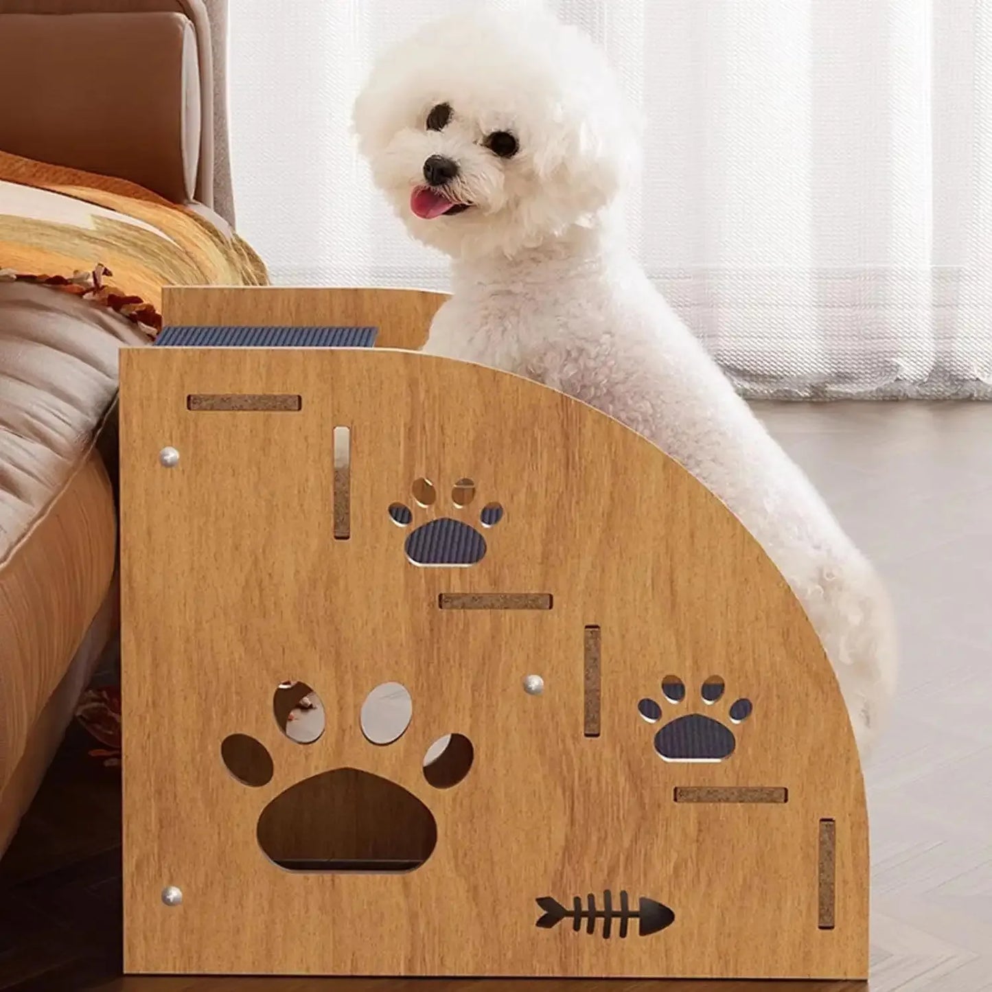 Multi-Level (2-4 Steps) Solid Wood Pet Stairs with Ramp & Thickened Safety Rails - Non-Slip Dog & Stairs Suitable for Bed/Sofa,