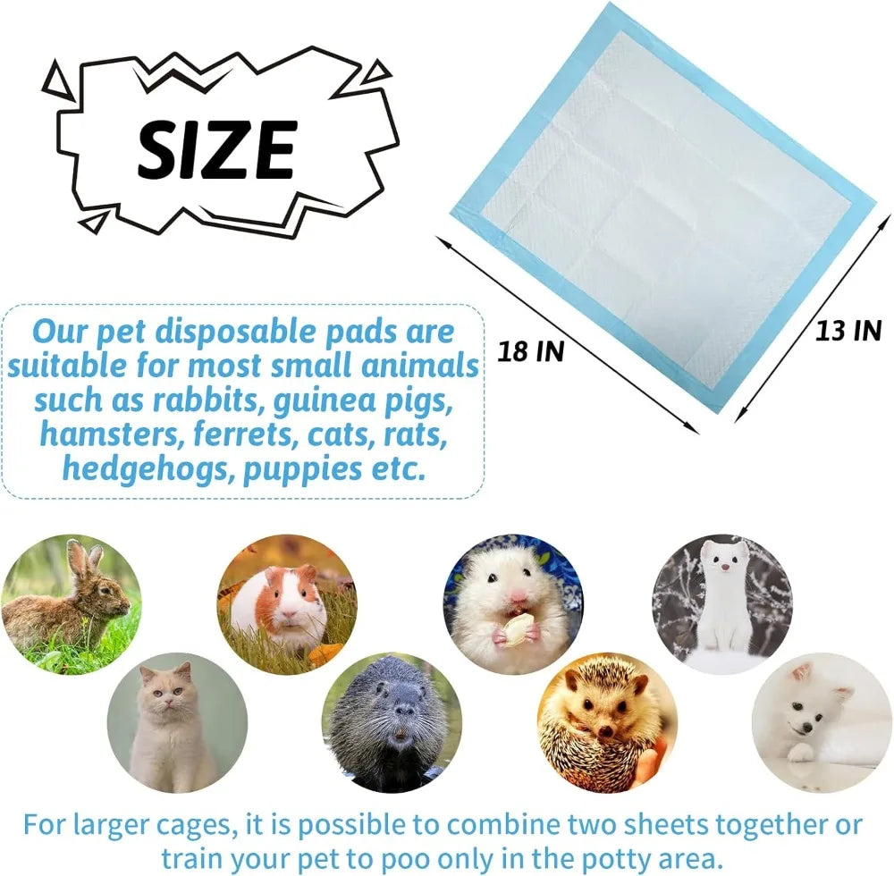 100 Pcs Disposable Pet Pee Pads, Leak-Proof & Super Absorbent Cage Liners for Small Animals