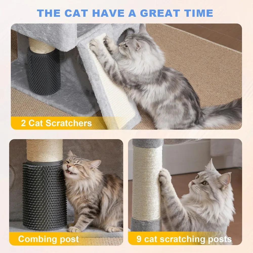 71.5" Cat Tree Tower, Extra Large Platform, 2 Condos, 2 Hammocks, Scratching Posts, Multi-Level for Indoor Cats, Smoky Gray