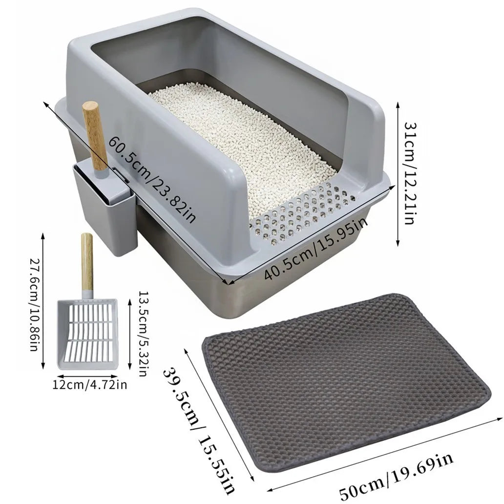 Large Stainless Steel Open Cat Litter Tray High Sided Deep Pan Box Loo Toilet with Litter Mat