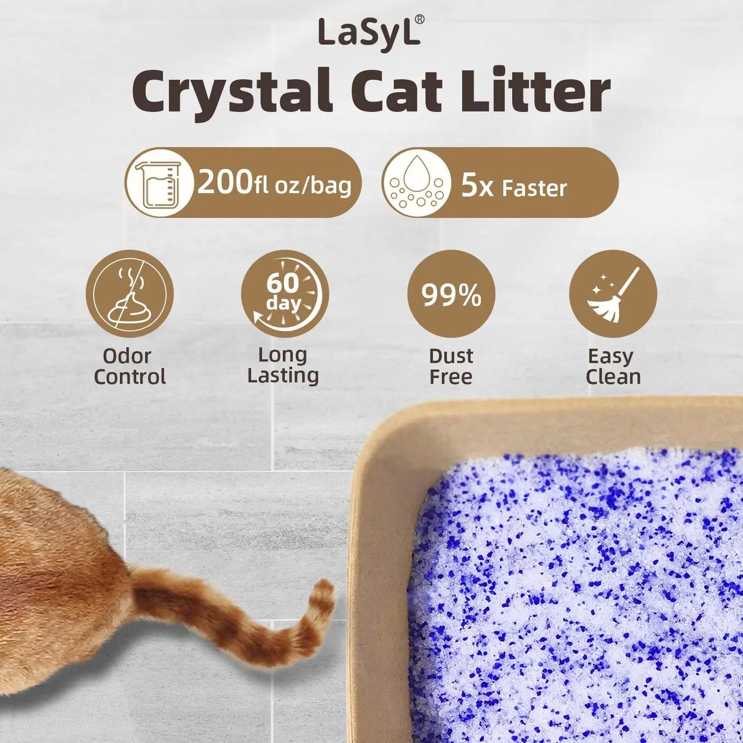 Premium Crystal Cat Litter - 8.6 lb, Long-Lasting Odor Control & Absorption, Non-Clumping, Low Tracking Silica Gel Safe for Pets