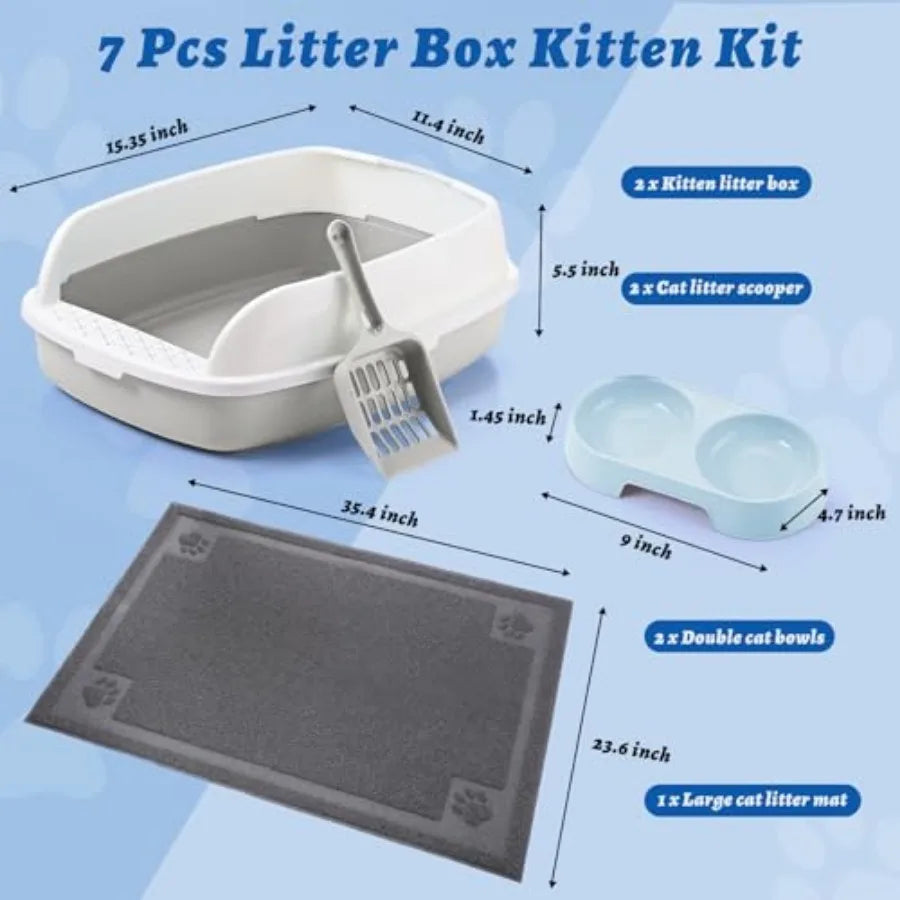 7 Pcs Kitten Litter Box Starter Kit 2 Plastic Small Kitty Litter Box Training Low Entry with Scoop 2 Double Cat Bowl and Mat fo