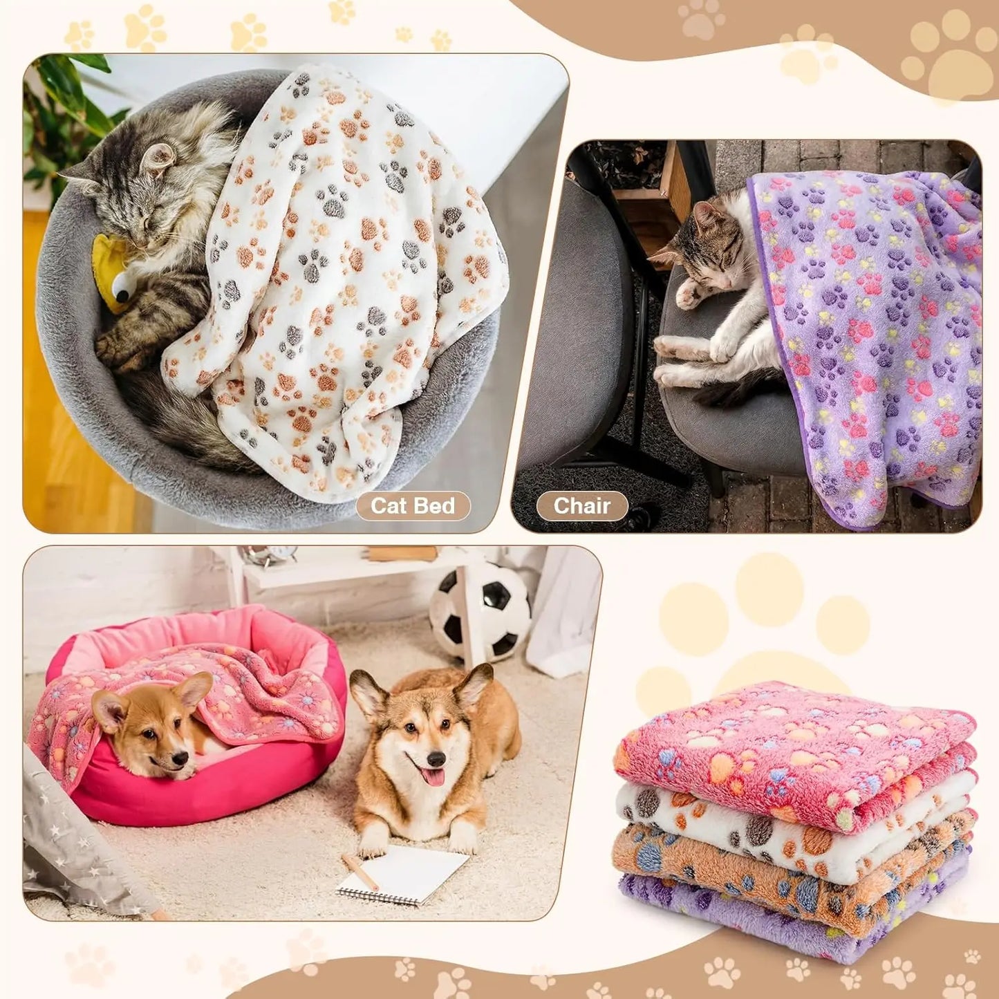 4 Pack Fleece Dog Blankets for Small Pets - Soft, Washable, Multi-Size - Paw Print Pattern - Mixed Colors, 24x16 Inch