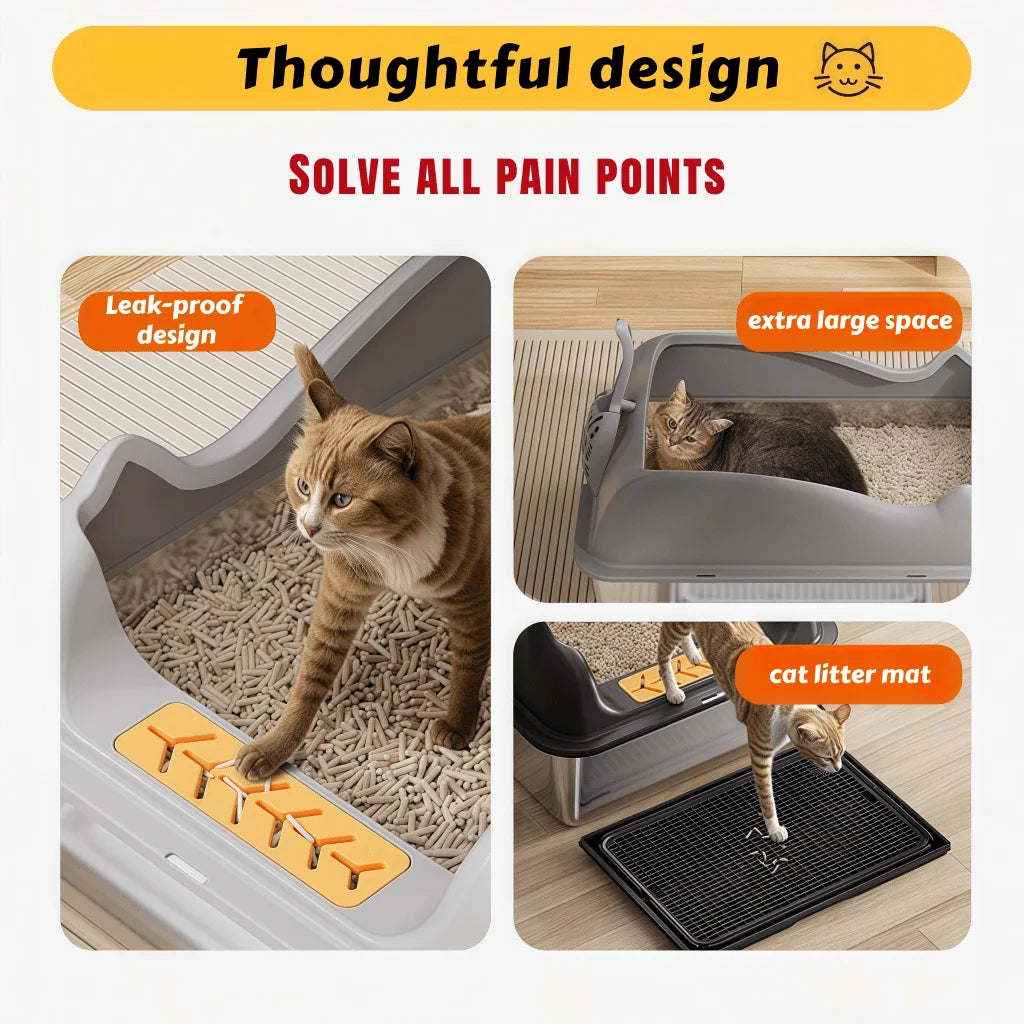 XL Stainless Steel Cat Litter Box with High Sides, Semi-Enclosed Privacy Design, Mat and Scoop for Large Cats, Multi-Cat Homes