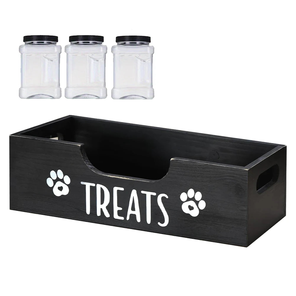 Wooden Pet Snack Storage Box with 3 Plastic Treat Jar Snack Organizer Multifunction Airtight Dog Treat Bin for Cat Food Storage