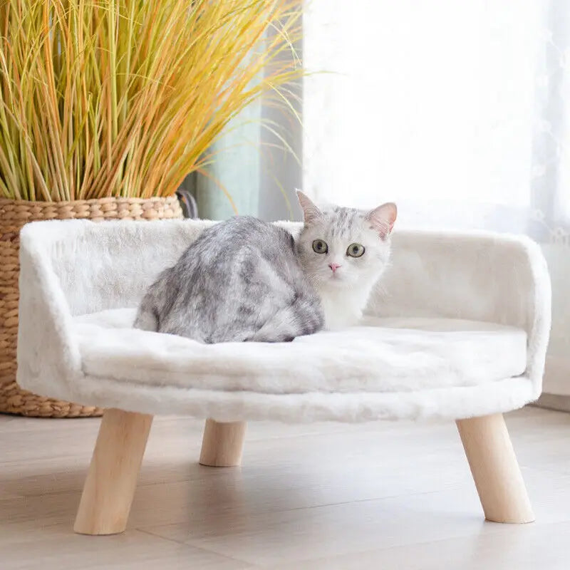 Luxury Soft Cat Bed Warm Plush Fabric Pet Nesting Chair Bed Washable Couch Wood Legs with Cushion Pad  for Small Pets