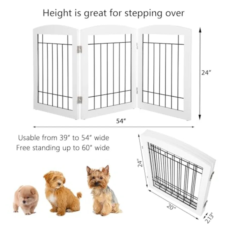 Free Standing Dog Gates for The House Stairs Doorways Indoor Foldable Wooden Small White Puppy Pet Gate Step Over Fence 60" W 2