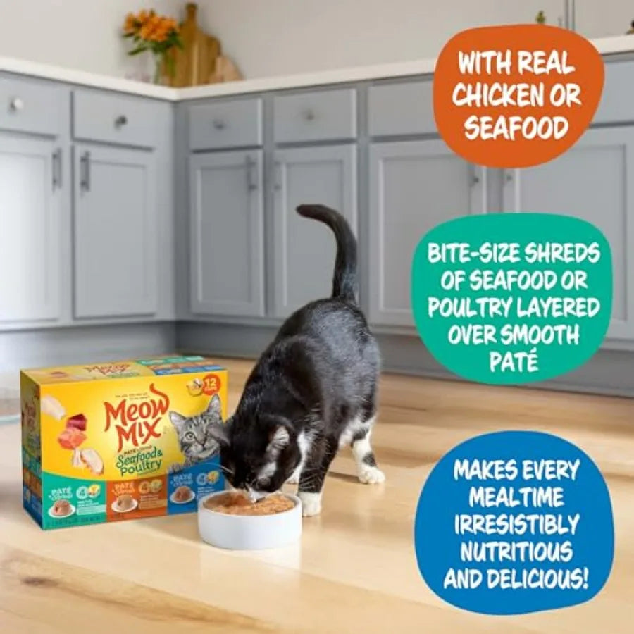 Paté and Shreds Wet Cat Food Variety Pack, Seafood and Poultry Favorites, 2.75 Ounce Cup Pack of 12