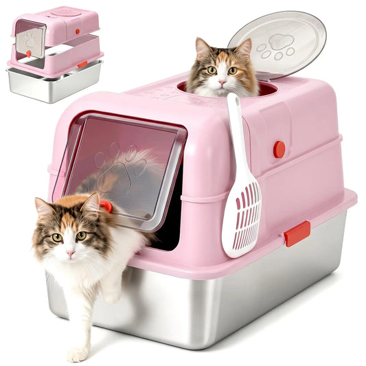 Enclosed Stainless Steel Litter Box With Lid Dog Proof XL Metal Litter Pan High Sided Anti Leak Front Entry Top Exit For Big Cats Includes Scoop For Multi Cat Home