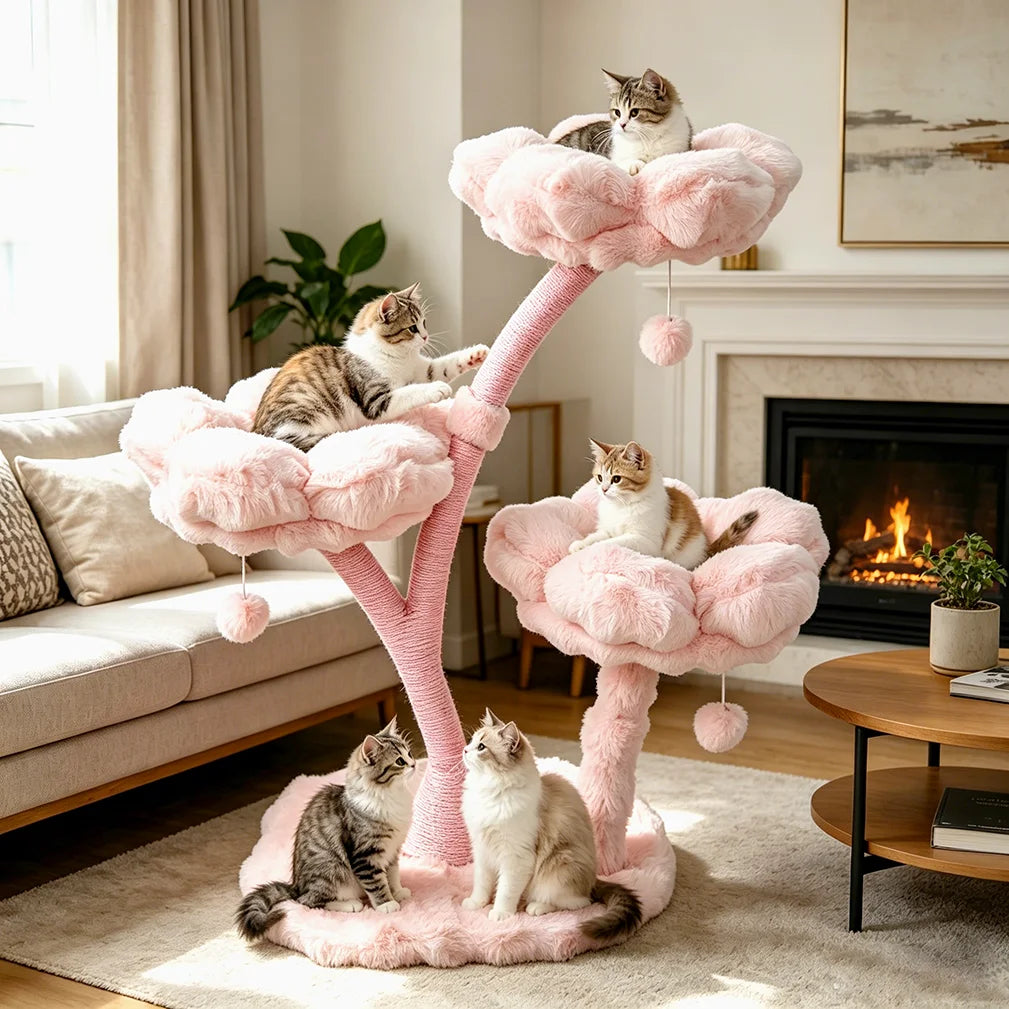 Pink Flower Cat Tree Tower with Scratching Post Wood Branch Cat Cushioned Bed Hanging Ball Toy