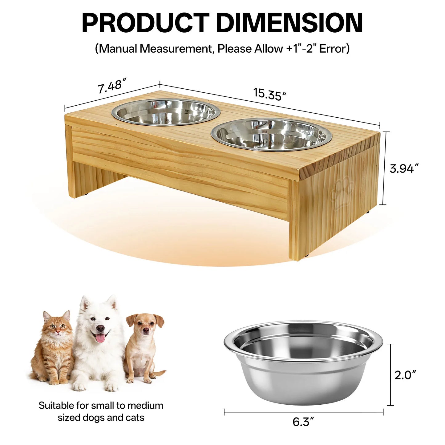 Wooden Elevated Dog Bowls, Raised Pet Feeder with Stainless Steel Double Bowls, Non-Slip Dog Food Water Stand for Medium Large Dogs
