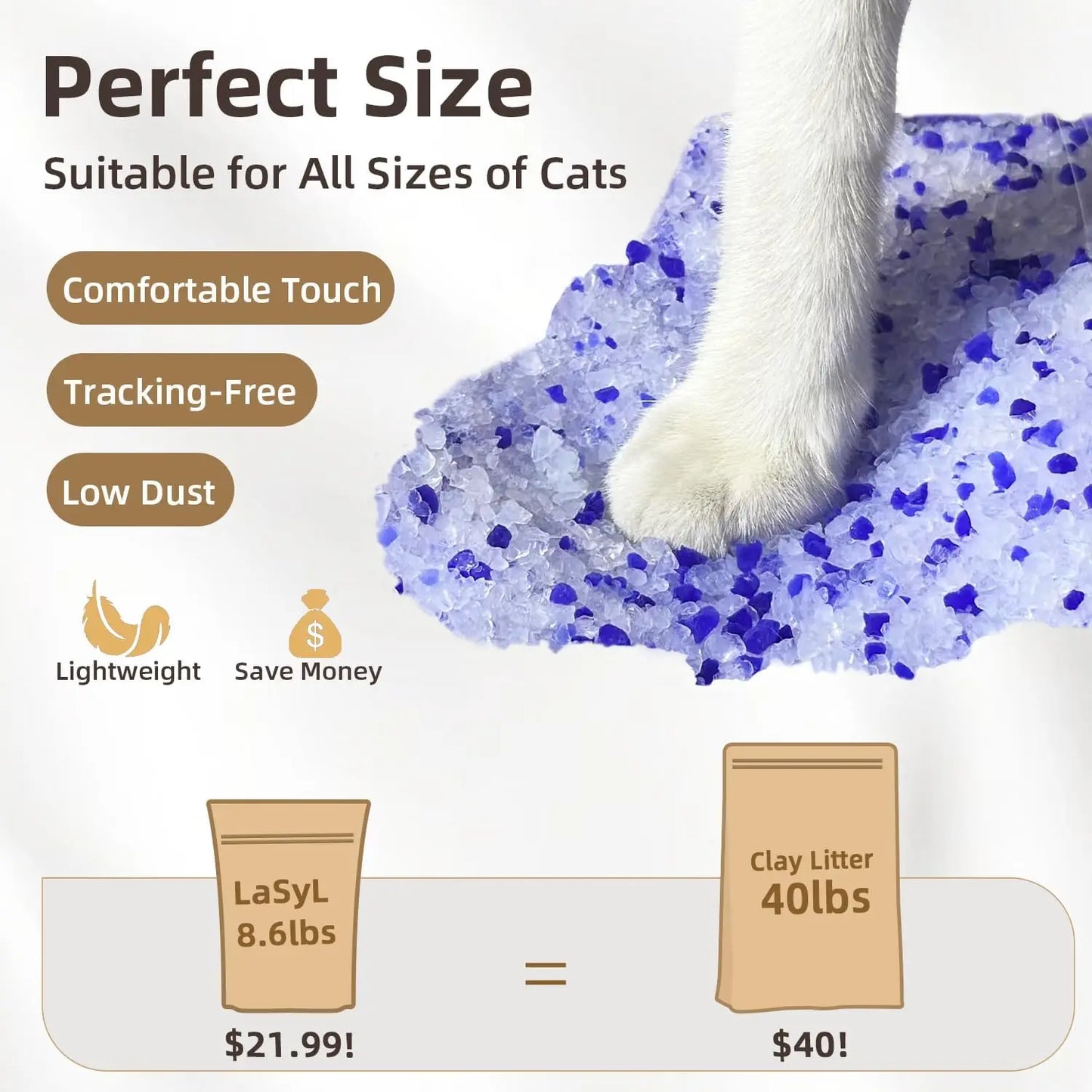 Premium Crystal Cat Litter - 8.6 lb, Long-Lasting Odor Control & Absorption, Non-Clumping, Low Tracking Silica Gel Safe for Pets